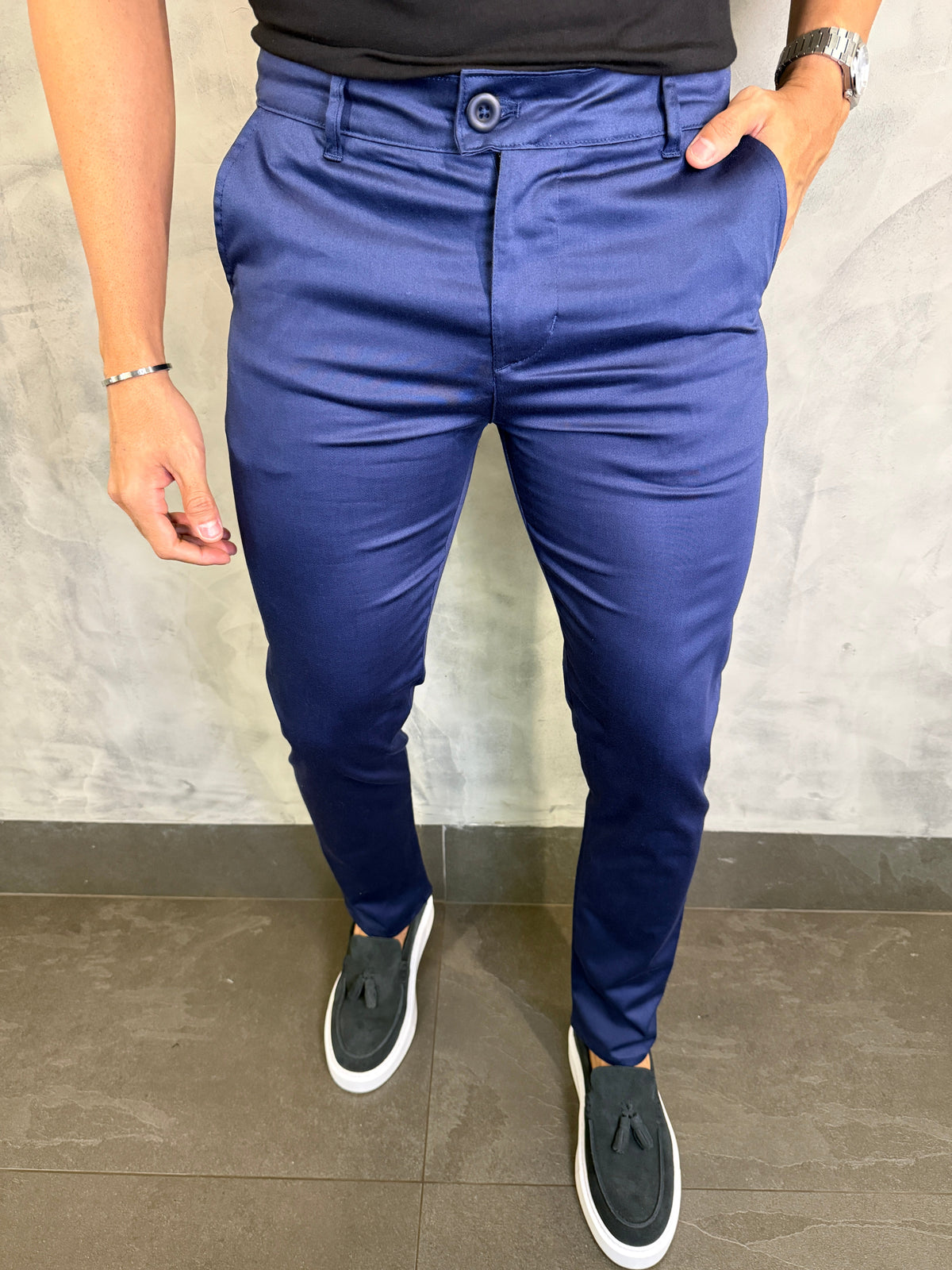 CALÇA SARJA ACETINADA PONTO H MARINHO